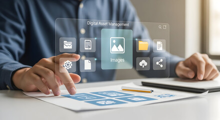 Fototapeta premium Manage digital assets easily with modern software interface on glass display