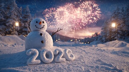 Snowman and snow in 2026. New Year concept, winter fireworks greet the holiday