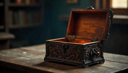 Intricately Carved Antique Wooden Box A Mysterious Relic on Dusty Tabletop, Captivating Image for Mystery Novels, Escape Rooms, and Antique Shops