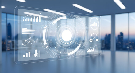 Modern transparent interface displaying business data in bright office