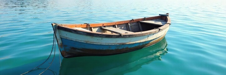 Small Boat Anchored in Calm Waters, Ready for Deployment - Sturdy Anchor, Taut Chain, Shallow Water, Peaceful Scene
