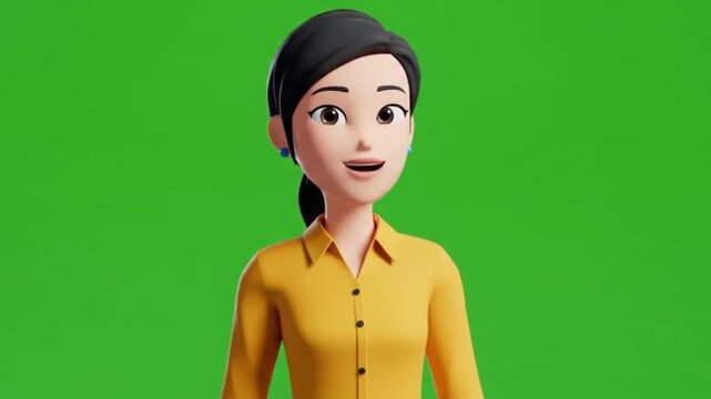 A simple and clean 3D animated female avatar in a yellow shirt, presented on a green screen background. Perfect for presentations, explainer videos, or corporate animations.