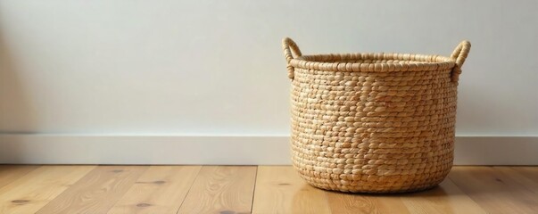 Stylish Seagrass Wastebasket on Wooden Floor Rustic Modern Home Decor, Eco-Friendly Disposal Solution