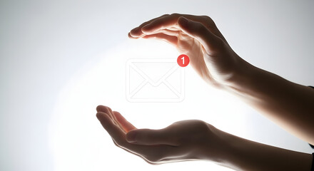 Hands cradling new email notification symbol with glowing light