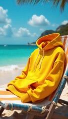 Relaxed Summer Vibe Hooded Sweatshirt Draped on Beach Chair, Sun-Drenched Coastal Scene, Casual Fashion Lifestyle Photography