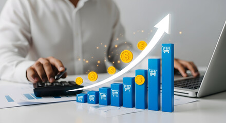Professional growth charting e-commerce sales with rising arrow and coins