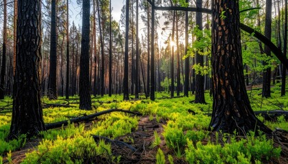 Obraz premium Sunlight Filters Through a Forest After a Wildfire Revealing New Growth on the Forest Floor