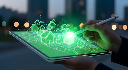Interactive real estate planning on tablet, futuristic city view
