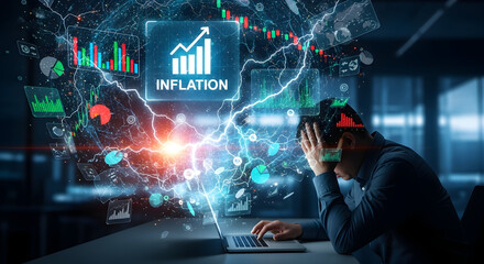 Businessman stressed by rising inflation charts and financial data