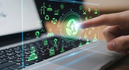 Innovative technology for sustainable future, touching green energy icons