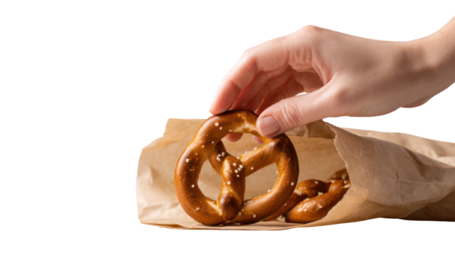 Hand holding a pretzel from a paper bag isolated on transparent background