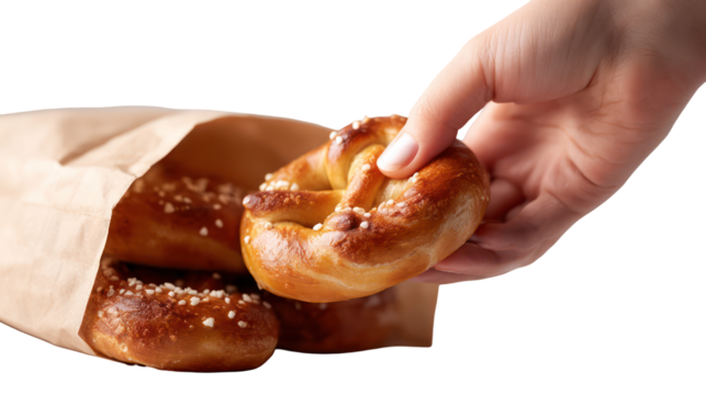 Hand reaching for a sweet pastry from a paper bag isolated on transparent background