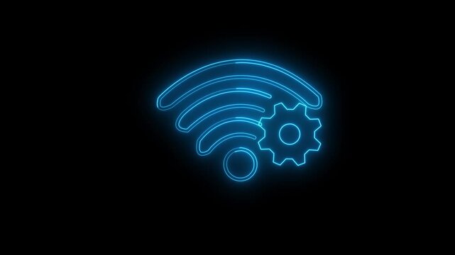  Neon wifi and gear icon animation wheel with neon effect on black background 4k vedio