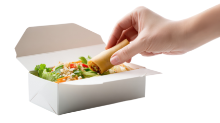Hand picking spring roll from take out food box isolated on transparent background