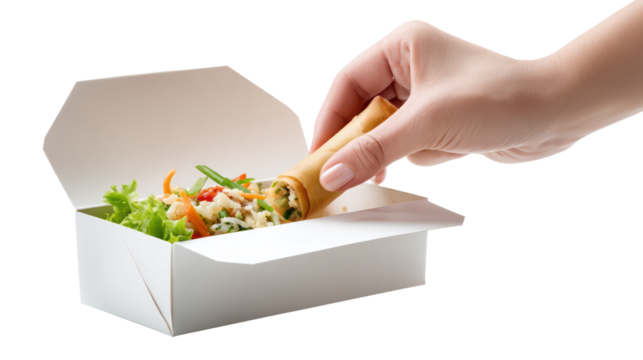Hand picking spring roll from take out box isolated on transparent background