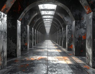 An endless, grungy corridor lit by a skylight with weathered, industrial aesthetic