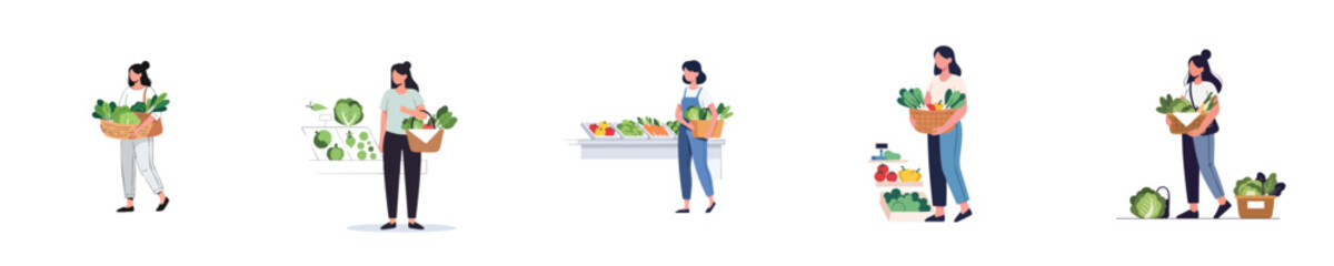 Young Lady Shopping Vegetables Vector Illustration Flat Design Fresh Market Scene