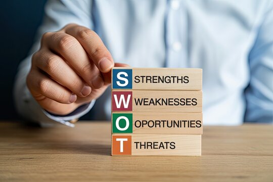 Hand holding swot analysis blocks identifying strengths weaknesses opportunities threats for business planning