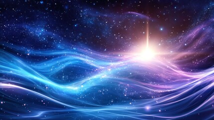 Fototapeta premium Abstract flowing energy currents, vibrant blues and purples, against a dark, star-filled sky, representing cosmic power, cinematic visual effect
