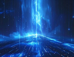 An ethereal landscape of luminous, blue energy streaming down