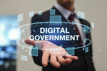 Man holding digital government interface in a futuristic concept of e-governance technology