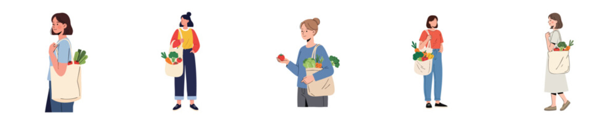 Flat Design Woman Carrying Eco Tote Bag with Vegetables &ndash; Sustainable Lifestyle Illustration