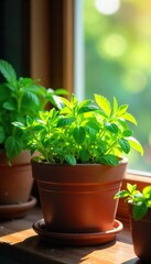 Lush Herb Garden in Terracotta Pot A Vibrant Living Gift, Basking in Sunlight