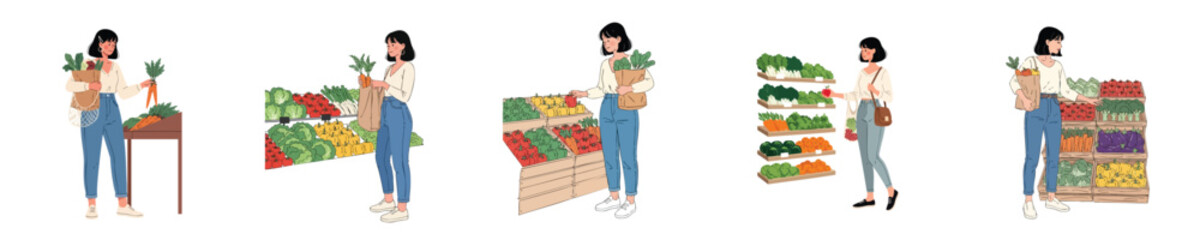 Young Woman Buying Vegetables at Local Market – Flat Vector Illustration of Healthy and Eco-Friendly Shopping