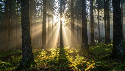 Fototapeta premium Sunbeams filtering through tall evergreen trees in a dense forest with lush green moss and undergrowth illuminated by golden light creating a magical serene atmosphere