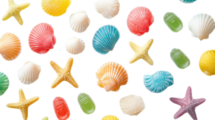 Overhead Composition of Multicolored Gummy Candy Seashells and Stars on Transparent Background