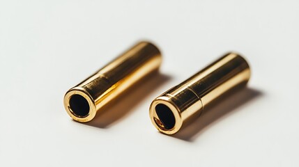 Fototapeta premium Two Shiny Gold Metal Tubes Detailed Close Up on White Background, Golden Material