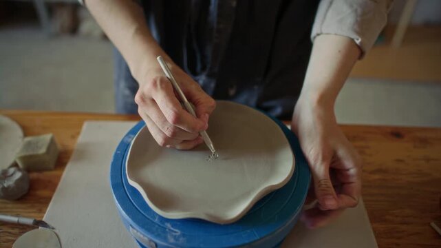 Hands of female ceramic artist carving decorative pattern into soft clay plate placed on rotating stand with loop tool during crafting process in pottery workshop. Close-up shot