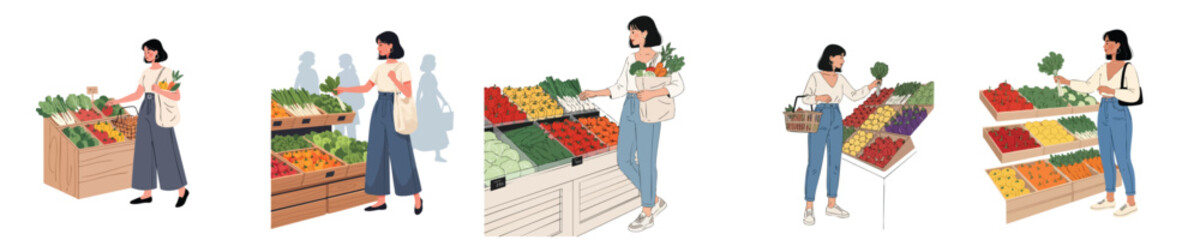 Modern Lifestyle Woman Shopping Fresh Vegetables at Market – Flat Vector Illustration of Eco Grocery Concept