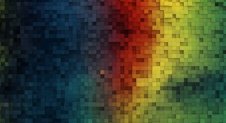 Abstract 3D Pixel Block Background with Vertical Rainbow Color Gradient. Futuristic digital mosaic texture with dark blue, red, yellow, and green cubes.