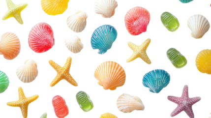 Overhead Composition of Multicolored Gummy Candy Seashells and Stars on Transparent Background