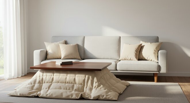 A low-profile, Scandinavian-style sofa with clean lines, paired with a traditional Japanese Kotatsu table.