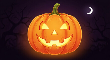 Spooky halloween pumpkin jackolantern with glowing face in the dark night, perfect for halloween decorations, invitations, and spooky designs