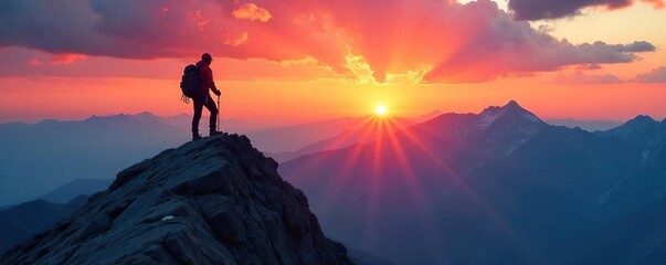 Silhouetted Mountaineer Conquering Majestic Peak at Sunrise, showcasing the dramatic beauty and challenging terrain of a breathtaking mountain landscape.