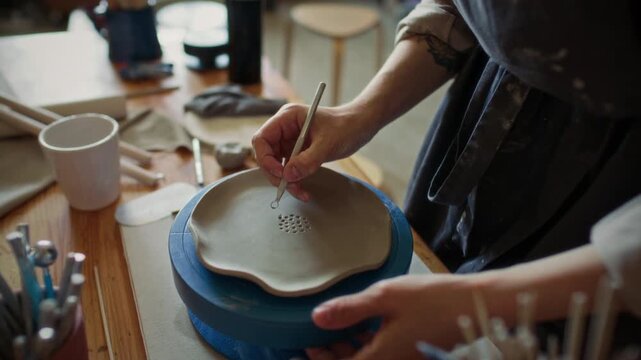 Hands of female potter carving pattern into soft clay plate with loop tool on turntable in ceramics workshop, with various craft tools and materials nearby. Close-up view
