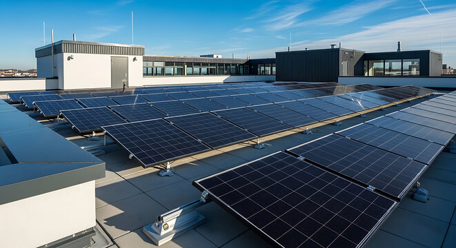 Solar panels array on a rooftop with building structures and clear blue sky in the background view
