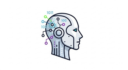 Artificial intelligence concept with a robot head and digital connections
