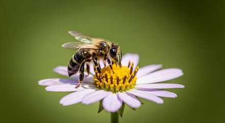 Close up of a bee on a daisy flower with a yellow center against a blurred green background