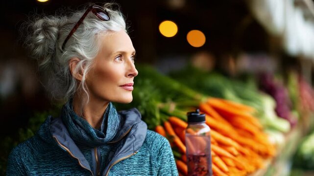 A graceful woman with silver hair and thoughtful expression stands confidently amidst vibrant produce at a market, embodying health, mindfulness, and connection to nature in a lively setting.