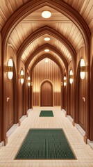 Fototapeta premium Ornate Wooden Arched Hallway with Green Rugs and Warm Lighting Interior Architecture