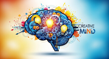 Creative mind illustration showcasing a brain filled with gears, light bulbs, and abstract elements, symbolizing innovation, ideas, and intellectual power