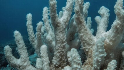 Obraz premium Underwater bleached coral,?branching structures,?pale?white,?dark?blue?water