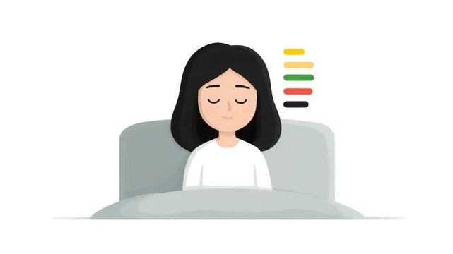 Woman sleep in bed with peaceful dark hair, white pajamas, minimal background, sleep quality chart, relaxation, healthy lifestyle, restful night, calm mood, mood indicator, concept of healthy rest