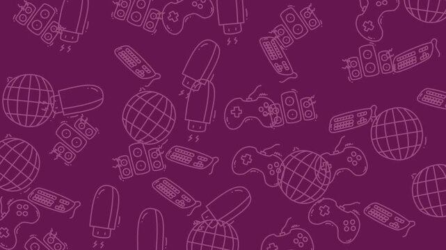 Retro Tech Pattern Background in Purple Gaming Controller USB Globe Speakers Keyboard