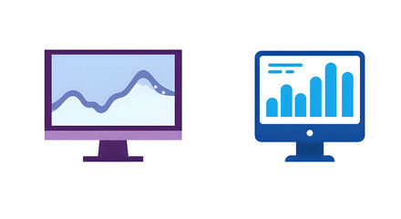 Business analytics and data monitoring concept illustrated with computer screens showing various graphs and charts for financial reporting and statistics