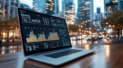 Data analytics interface displaying graphs and metrics on laptop in cityscape